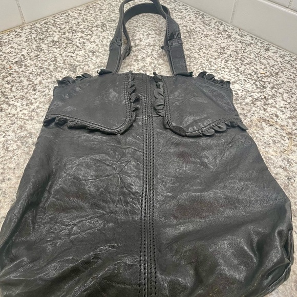 Vintage Y2K Lucky Bag Rockin Ruffle Black Lamb Leather Shoulder Tote Floral Line - Picture 13 of 13